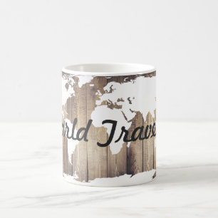 World Traveller White World Map Rustic Wood Coffee Mug