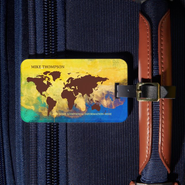World Traveller Yellowish Map Name Luggage Tag (Front Insitu 4)