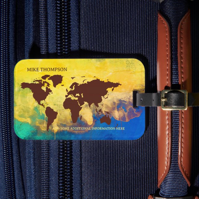 World Traveller Yellowish Map Name Luggage Tag (Front Insitu 4)