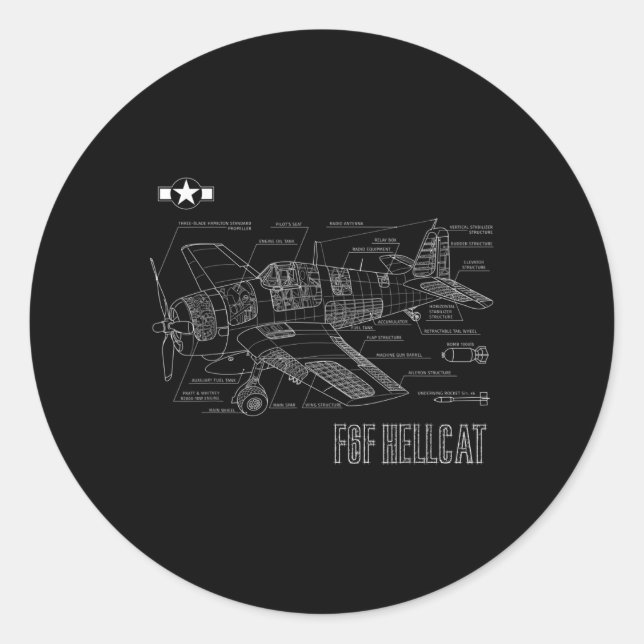 World War 2 F6f Hellcat Fighter Airplane Blueprint Classic Round Sticker (Front)