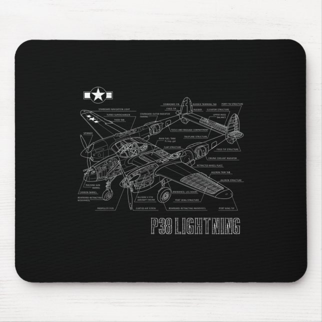 World War 2 P-38 Lightning Fighter Airplane Bluepr Mouse Pad (Front)