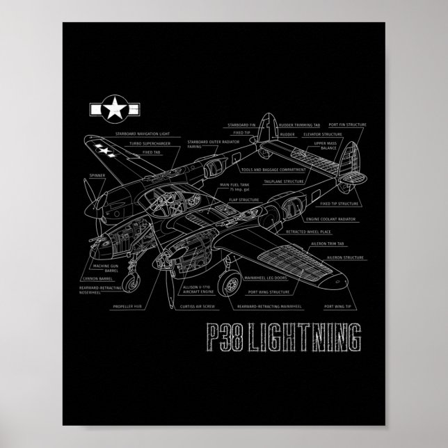 World War 2 P-38 Lightning Fighter Airplane Bluepr Poster (Front)