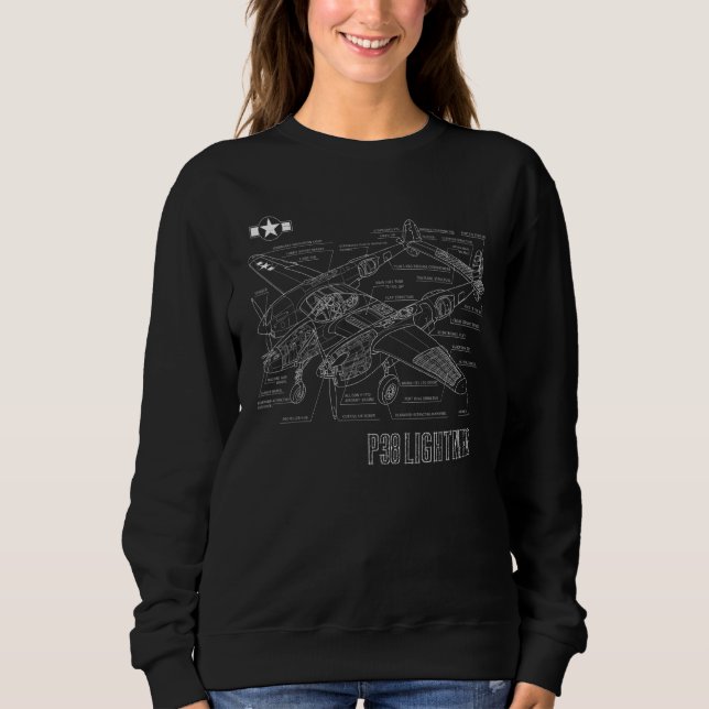 World War 2 P 38 Lightning Fighter Airplane Bluepr Sweatshirt (Front)