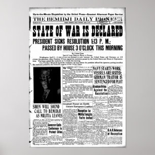 World War I declared - newspaper front page Poster