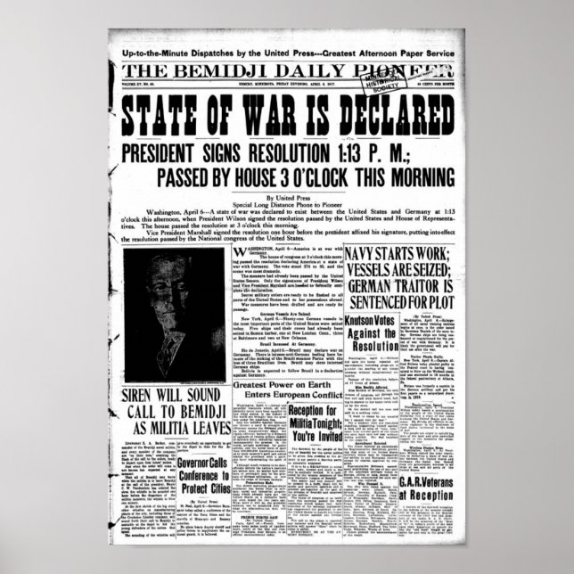 World War I declared - newspaper front page Poster (Front)