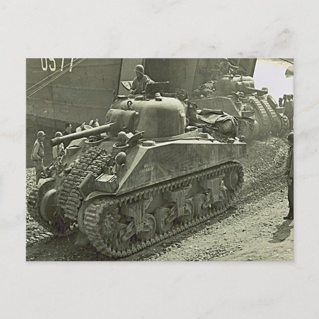 World War II   Sherman tank disembarked from LST Postcard (Front)