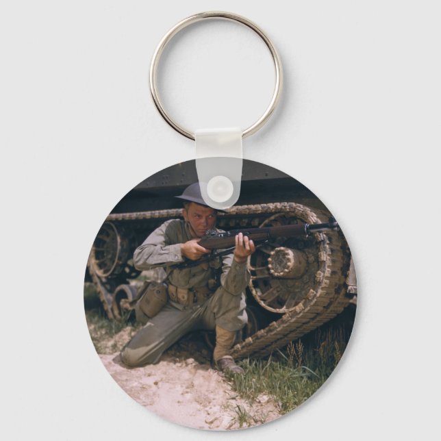 World War II Soldier Kneeling with Garand Rifle Keychain (Front)