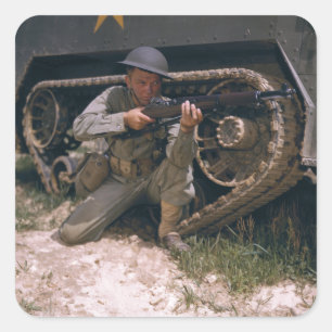 World War II Soldier Kneeling with Garand Rifle Square Sticker