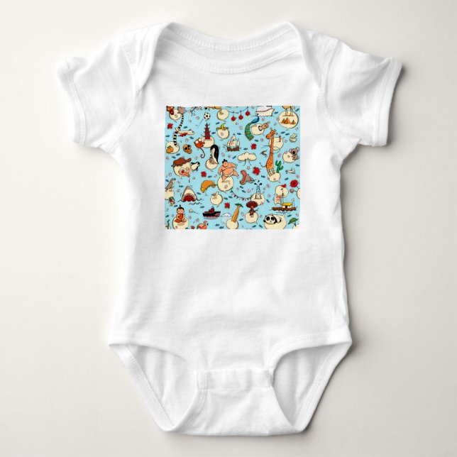 World Wonders: Colourful Blue Pattern. Baby Bodysuit (Front)