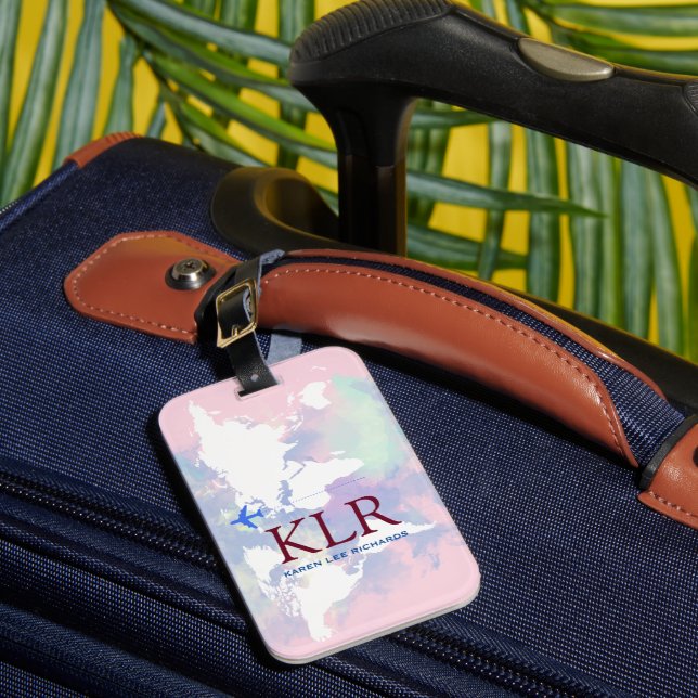 Worldmap with personalized initials luggage tag (Front Insitu 1)