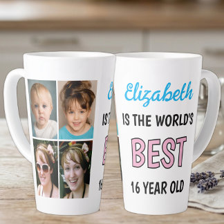 World's best 16 year old 4 photo blue pink latte mug