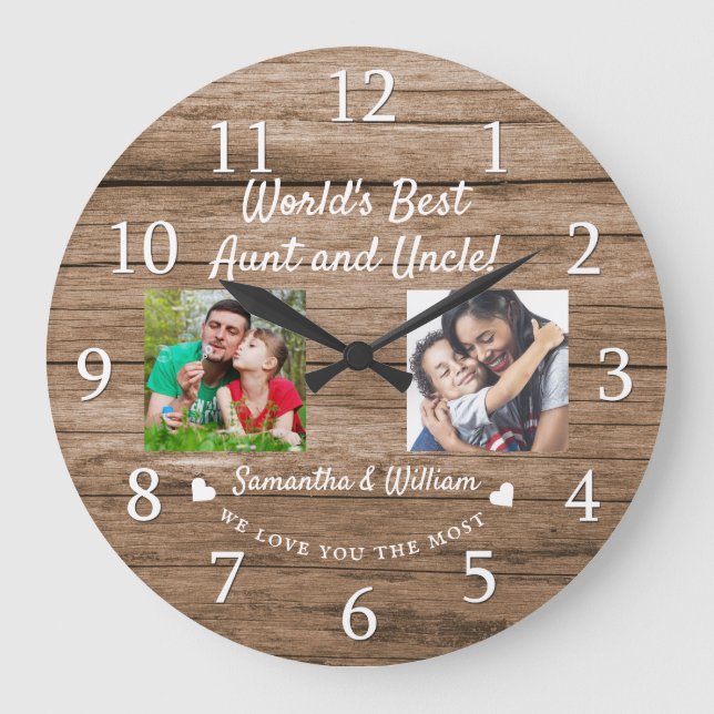 World's Best Aunt And Uncle 2 Photo Rustic Wood Large Clock (Front)