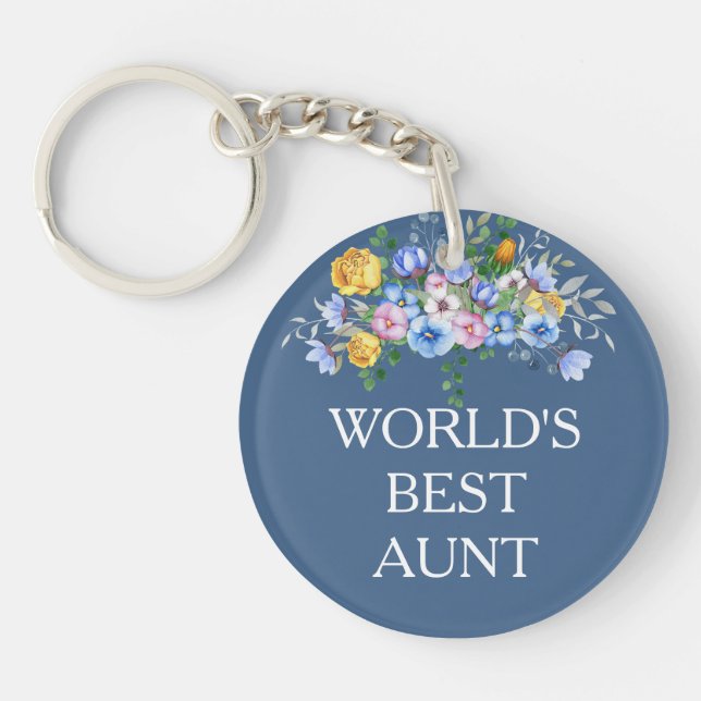 World's Best Aunt Blue Yellow Purple Flowers Keychain (Front)