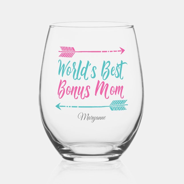 World's Best Bonus Mom Personalized Mother's Day Stemless Wine Glass (Front)