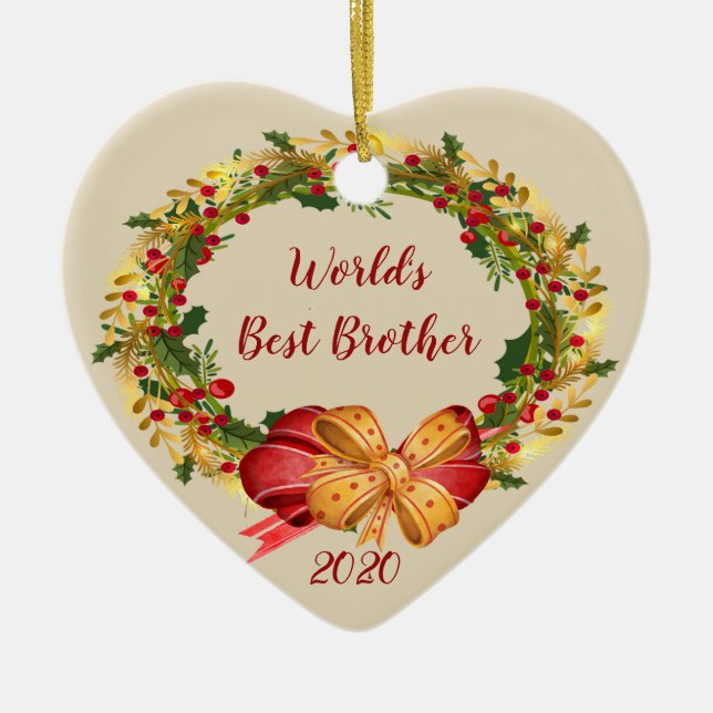 World's Best Brother Antique Wreath Christmas Ceramic Ornament (Front)