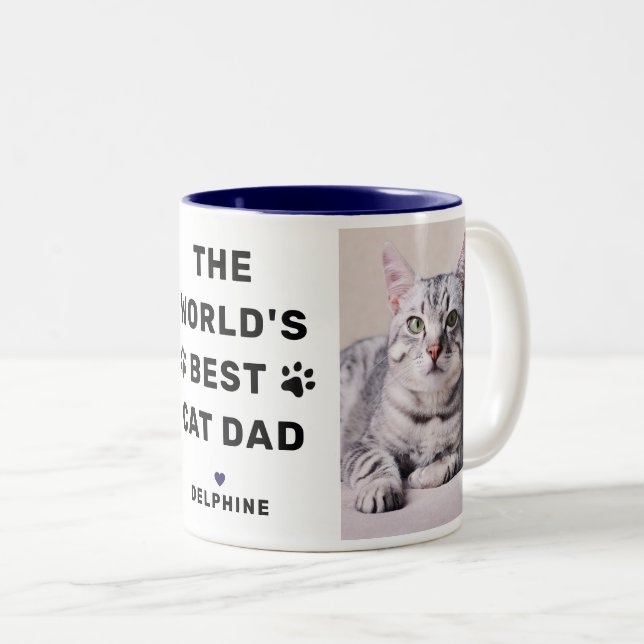 Worlds Best Cat Dad Navy Two Photo Pet Lover Two-Tone Coffee Mug (Front Right)