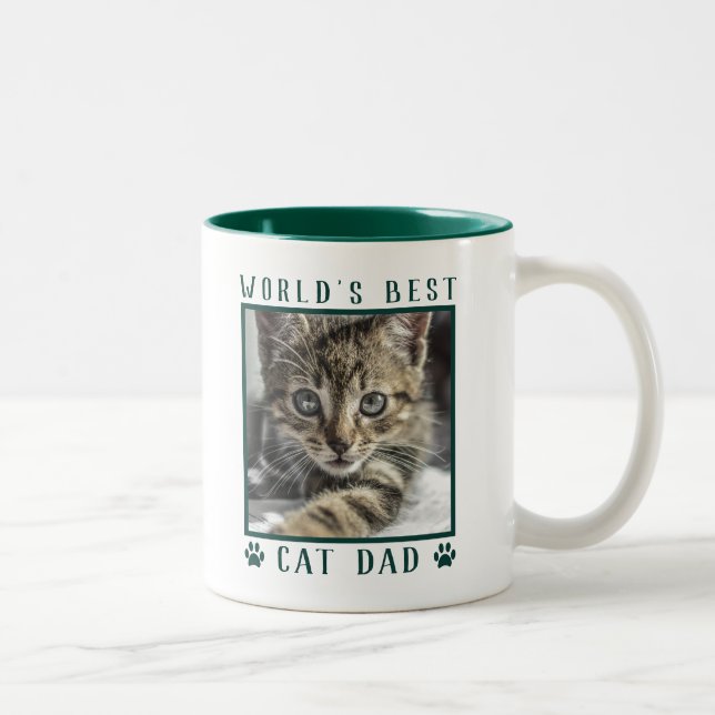 World's Best Cat Dad Paw Prints Pet Photo Green Two-Tone Coffee Mug (Right)