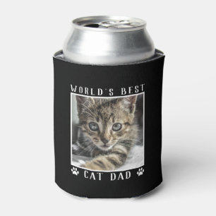 World's Best Cat Dad Paw Prints Pet Photo on Black Can Cooler