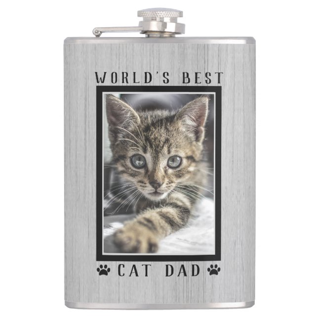 World's Best Cat Dad Paw Prints Photo Rustic Wood Hip Flask (Front)