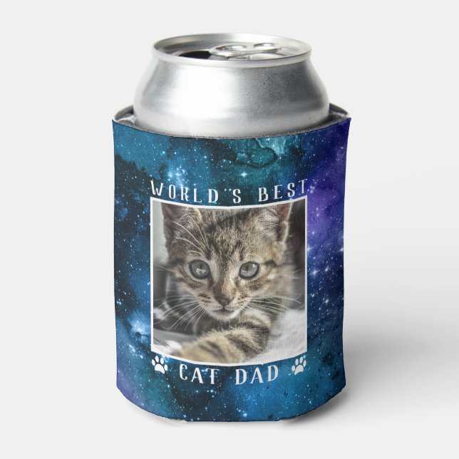 World's Best Cat Dad Paw Prints Space Pet Photo Can Cooler (Can Front)