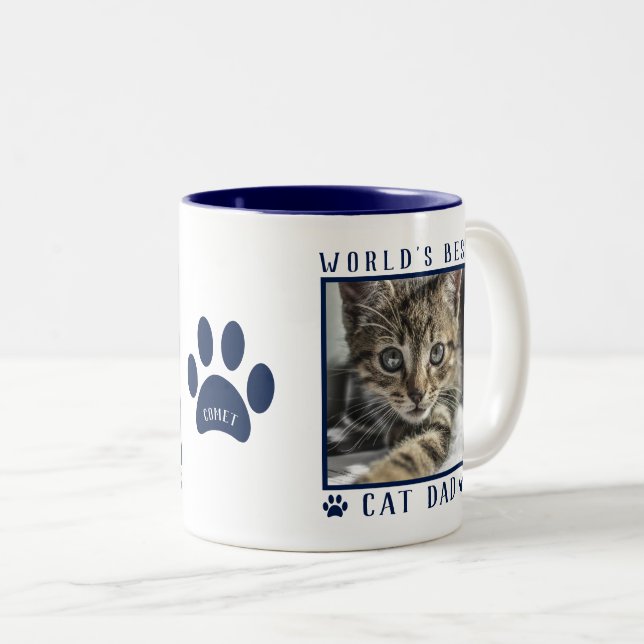 World's Best Cat Dad Photo Name Paw Prints Navy Two-Tone Coffee Mug (Front Right)
