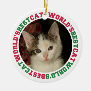 World's best cat green red paw pet custom photo ceramic ornament