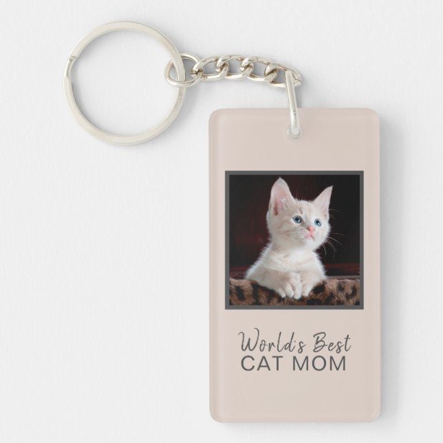 World's Best Cat Mom Cat Photo Blush Pink Grey Keychain (Front)