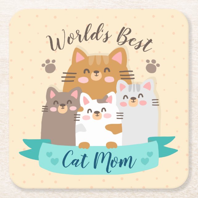 World's Best Cat Mom - Cute Kittens Square Paper Coaster (Front)