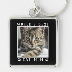 World's Best Cat Mom Paw Prints Pet Photo Black Keychain