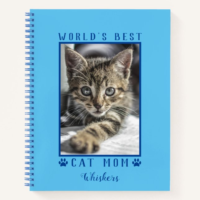 World's Best Cat Mom Paw Prints Pet Photo Blue Notebook (Front)