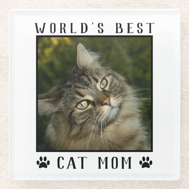 World's Best Cat Mom Paw Prints Pet Photo Frame Glass Coaster (Front)