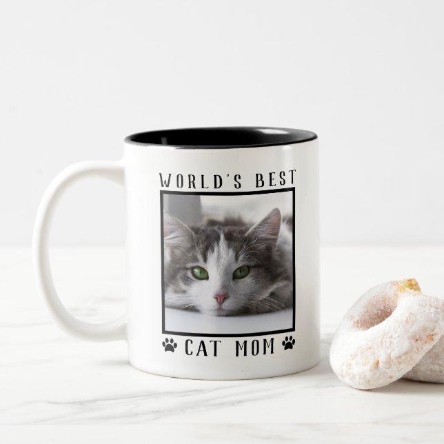World's Best Cat Mom Paw Prints Pet Photo Frame Two-Tone Coffee Mug (With Donut)