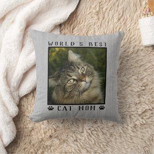 World's Best Cat Mom Paw Prints Pet Photo Rustic Throw Pillow