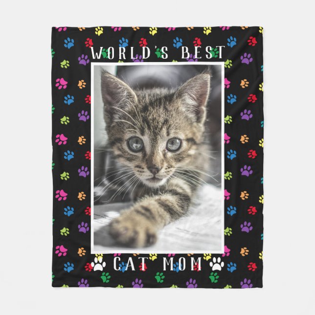 World's Best Cat Mom Pet Photo Colourful Paw Print Fleece Blanket (Front)