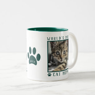 World's Best Cat Mom Photo Name Paw Prints Green Two-Tone Coffee Mug