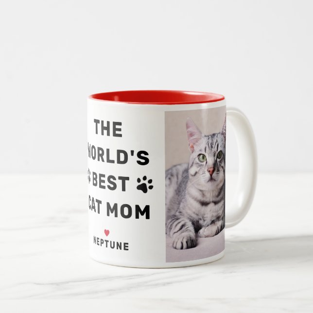 Worlds Best Cat Mom Red Two Photo Pet Lover Two-Tone Coffee Mug (Front Right)