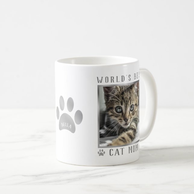 World's Best Cat Mom Silver Grey Foil Paws Photo Coffee Mug (Front Right)