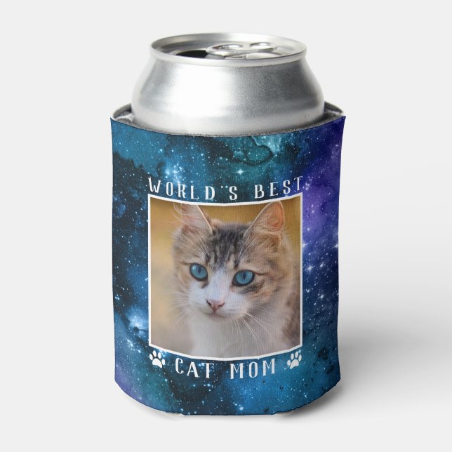 World's Best Cat Mom Space Paw Prints Photo Can Cooler (Can Front)