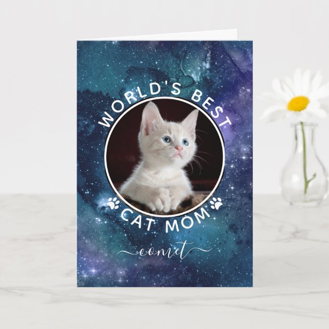 World's Best Cat Mom Space Photo Custom Birthday Card (Small Plant)