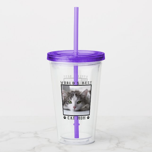 World's Best Cat Mom with Your Cat's Photo Acrylic Tumbler (Front)
