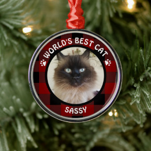 WORLDS BEST CAT Red and Black Buffalo Check Name Metal Ornament