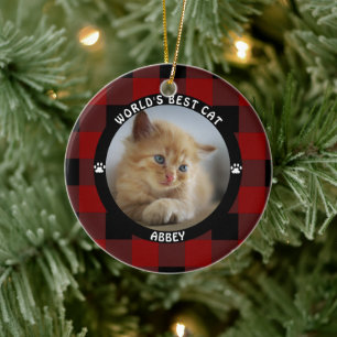 WORLDS BEST CAT Red Buffalo Check Personalized Ceramic Ornament