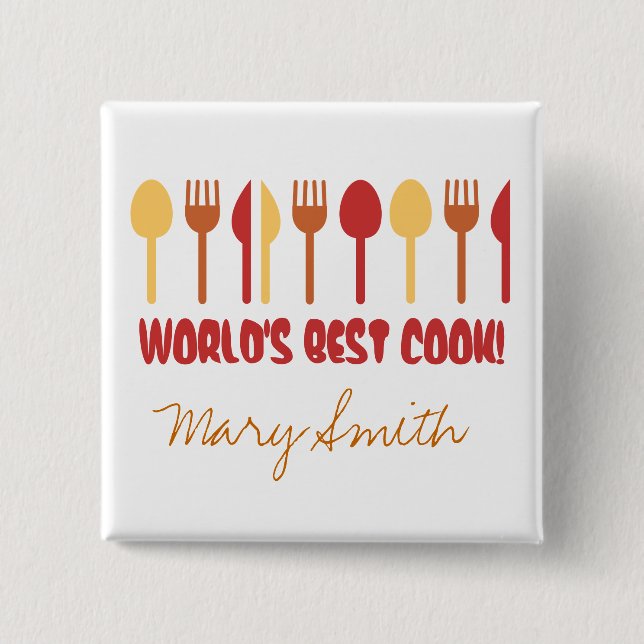 World's Best Cook Custom Name Red Orange 2 Inch Square Button (Front)