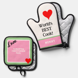 World's Best Cook Mommy Heart Pink Green Oven Mitt & Pot Holder Set