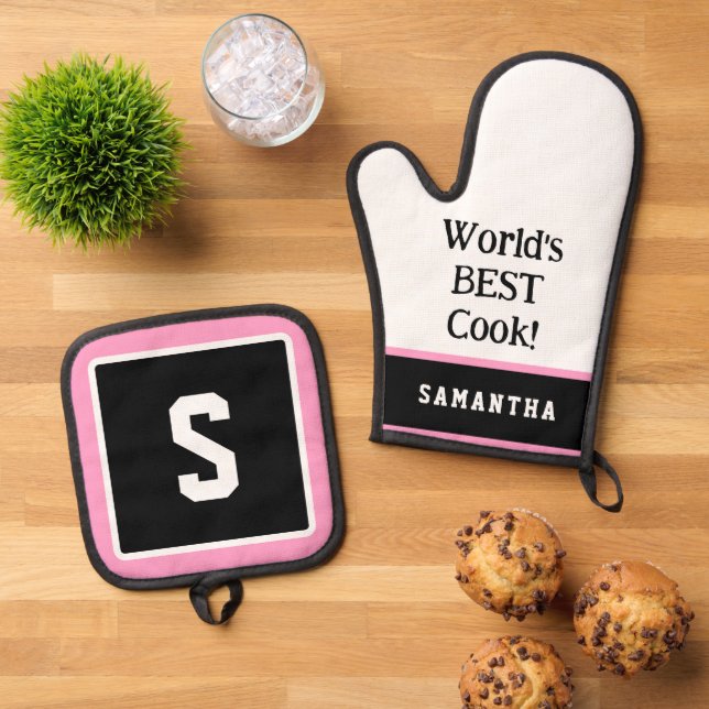 World's Best Cook NAME Pink Black Oven Mitt & Pot Holder Set (Top Down)