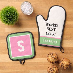 World's Best Cook NAME Pink Green Oven Mitt & Pot Holder Set