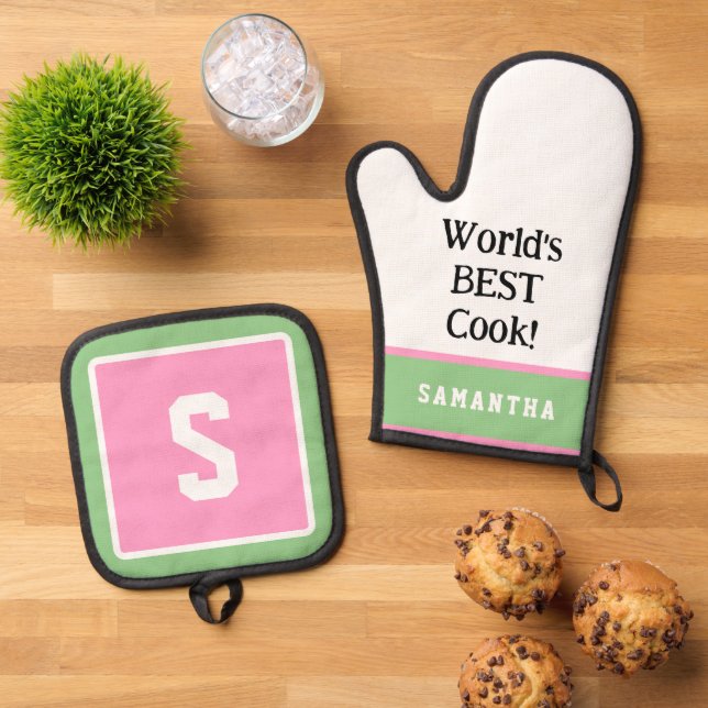 World's Best Cook NAME Pink Green Oven Mitt & Pot Holder Set (Top Down)