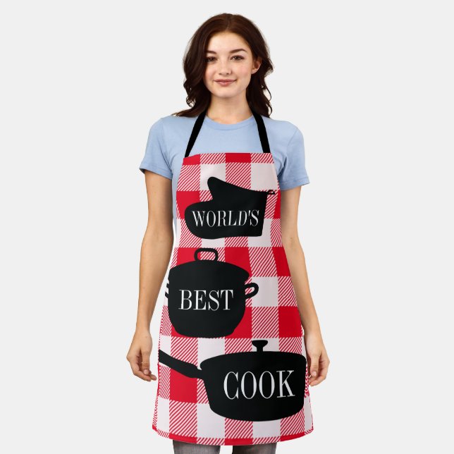 World's Best Cook Red White Gingham Check Apron (Worn)