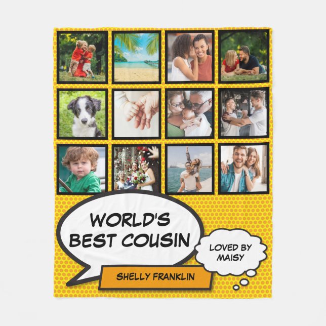 World's Best Cousin 12 Photo Comic Retro Fun Fleece Blanket (Front)