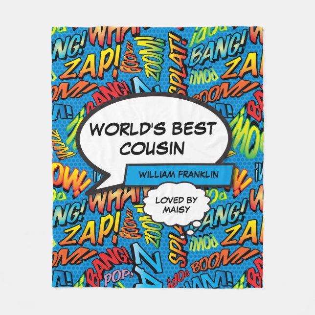 World's Best Cousin Cool Fun Comic Book Blue Fleece Blanket (Front)